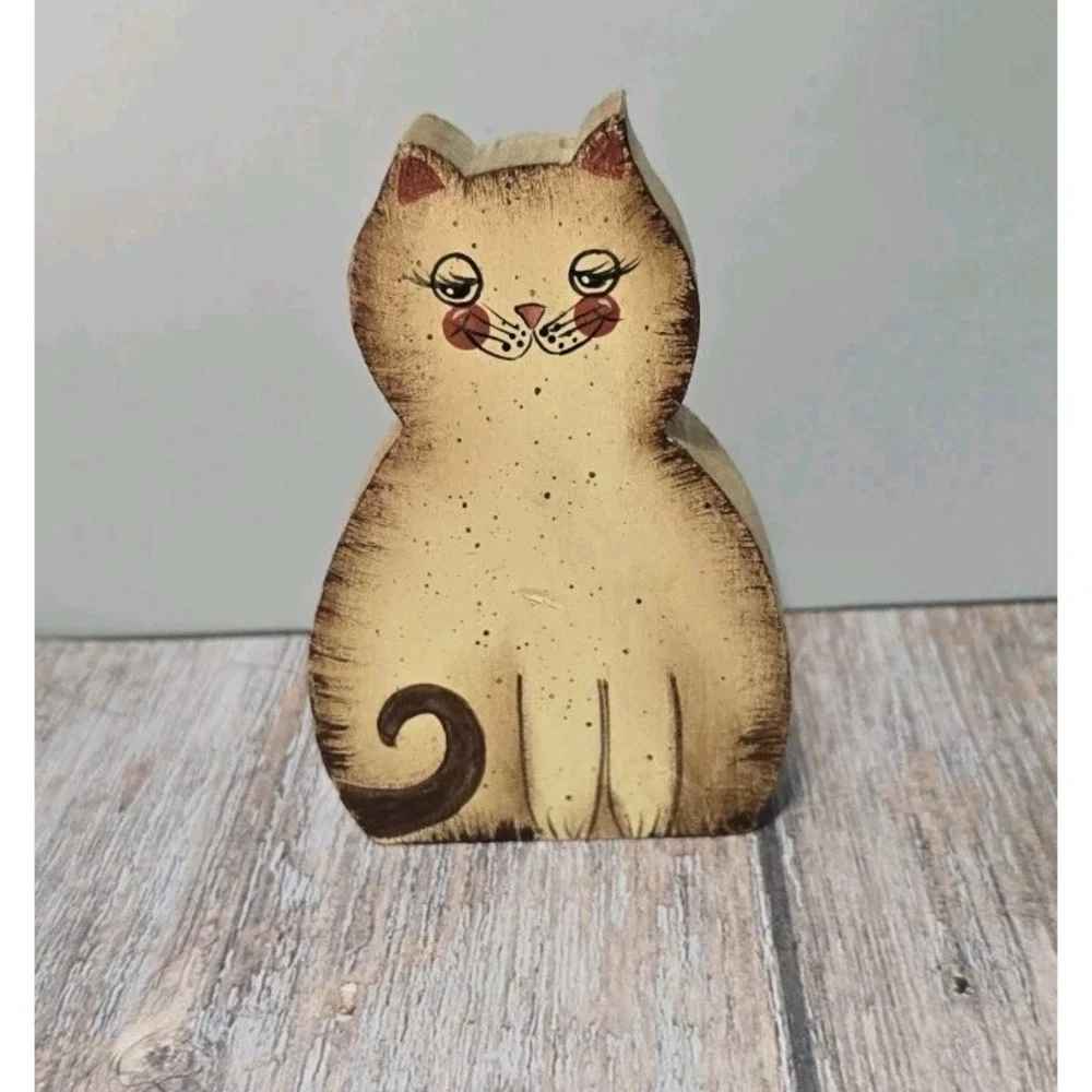 Vintage Cottagecore Decor Wooden Cat Figurine Small Handmade And Handpainted...